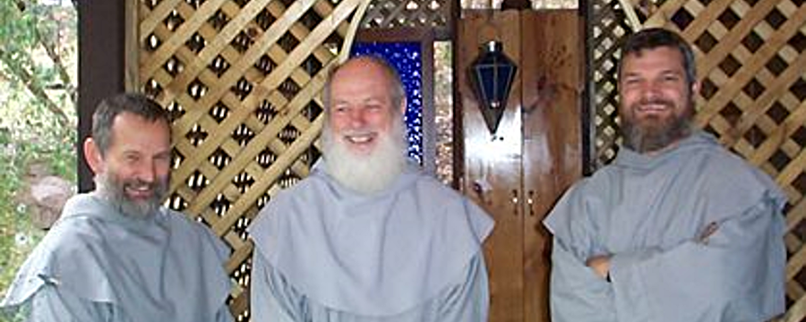 Brothers Howard, Wayne and Geoff LBF outside the prayer room of their Hermitage, Tabulam, NSW